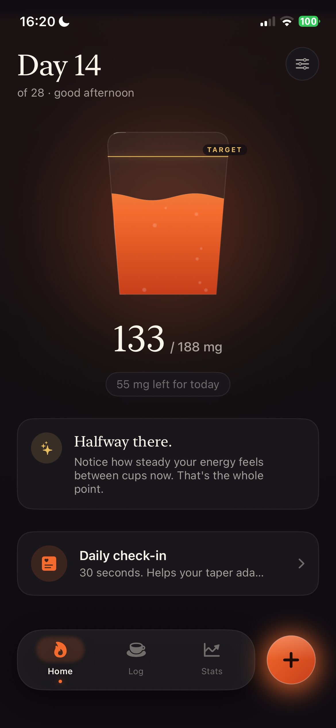 ZeroBrew home screen showing Day 14 of a 28-day plan with a partially filled cup and 55 mg of caffeine left for today