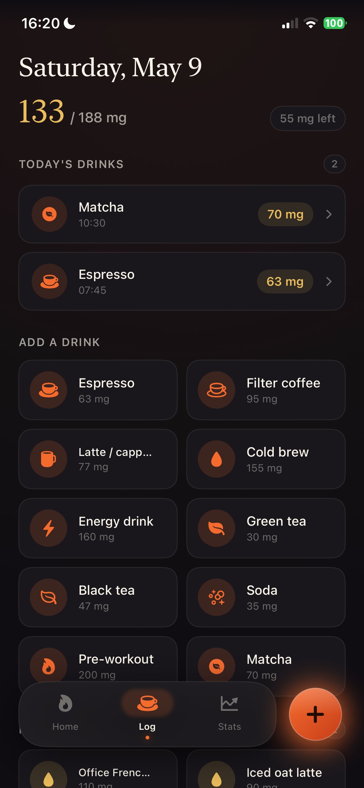 ZeroBrew log screen showing today's drinks (Matcha at 10:30, Espresso at 07:45) and a grid of preset drinks to add